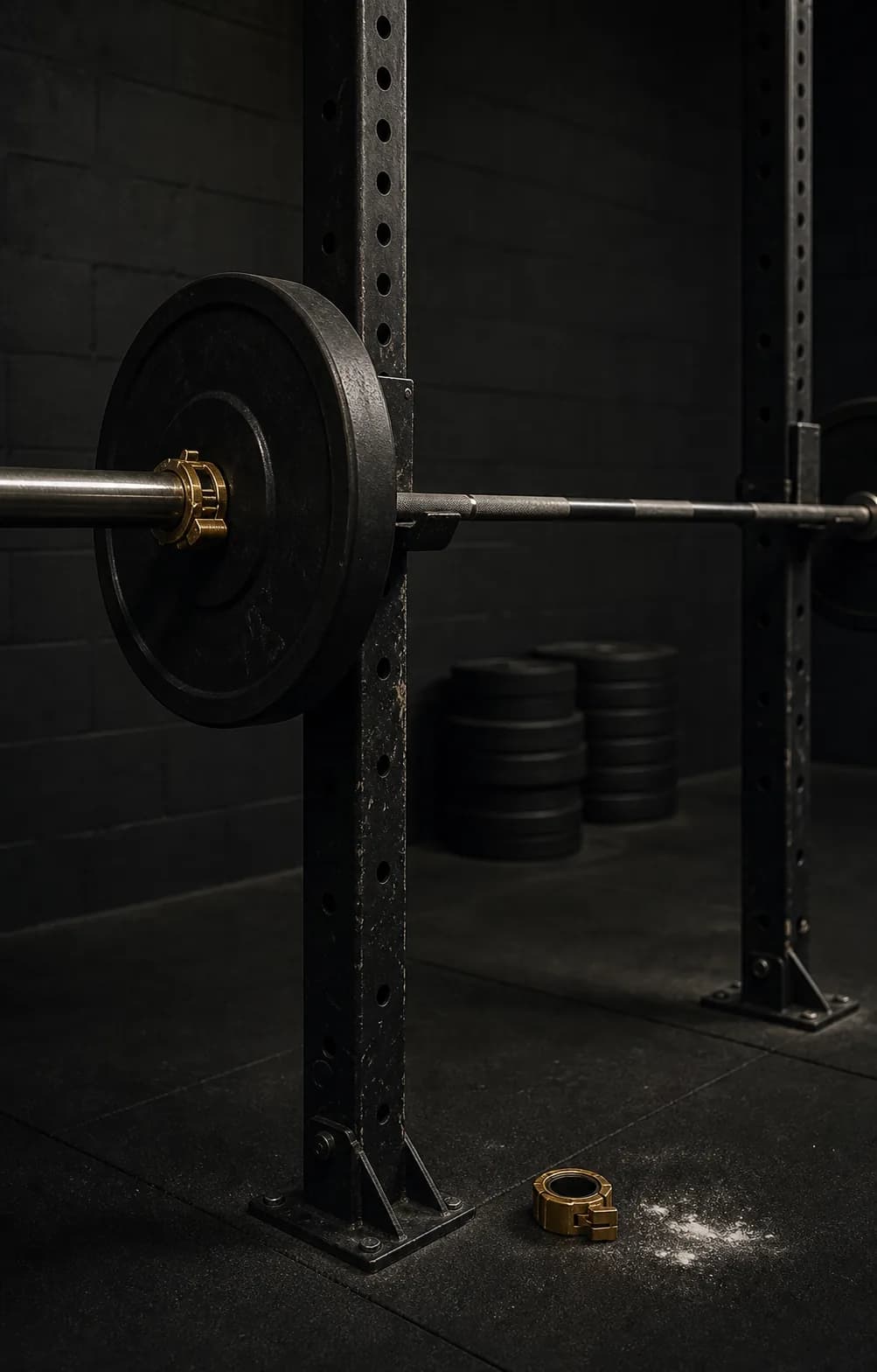 A prepared barbell station in a quiet graphite gym with a restrained gold collar.