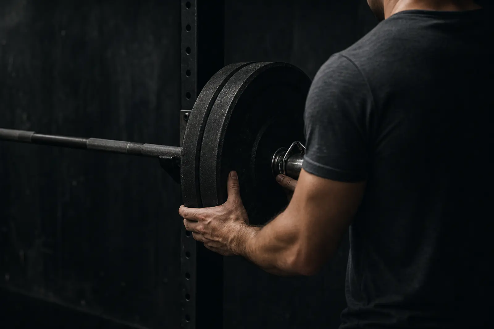An anonymous lifter securing a plate and collar on a barbell between working sets.