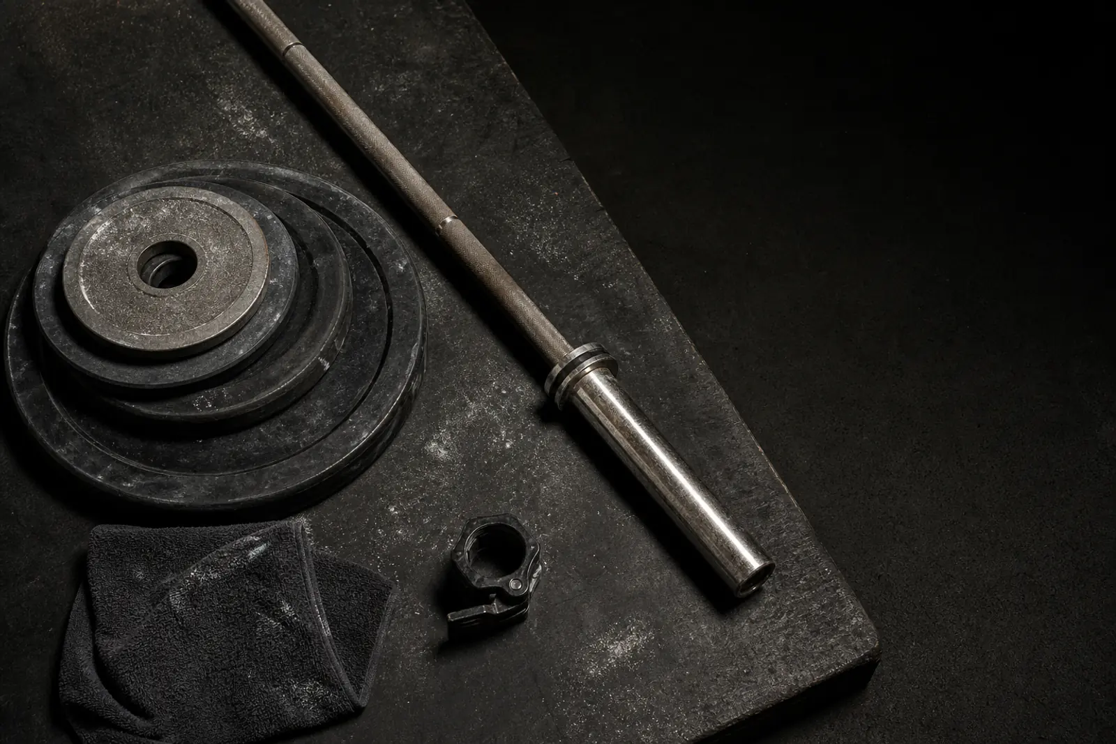 A barbell, plates, collar, chalk, and towel arranged as a quiet record of completed training.