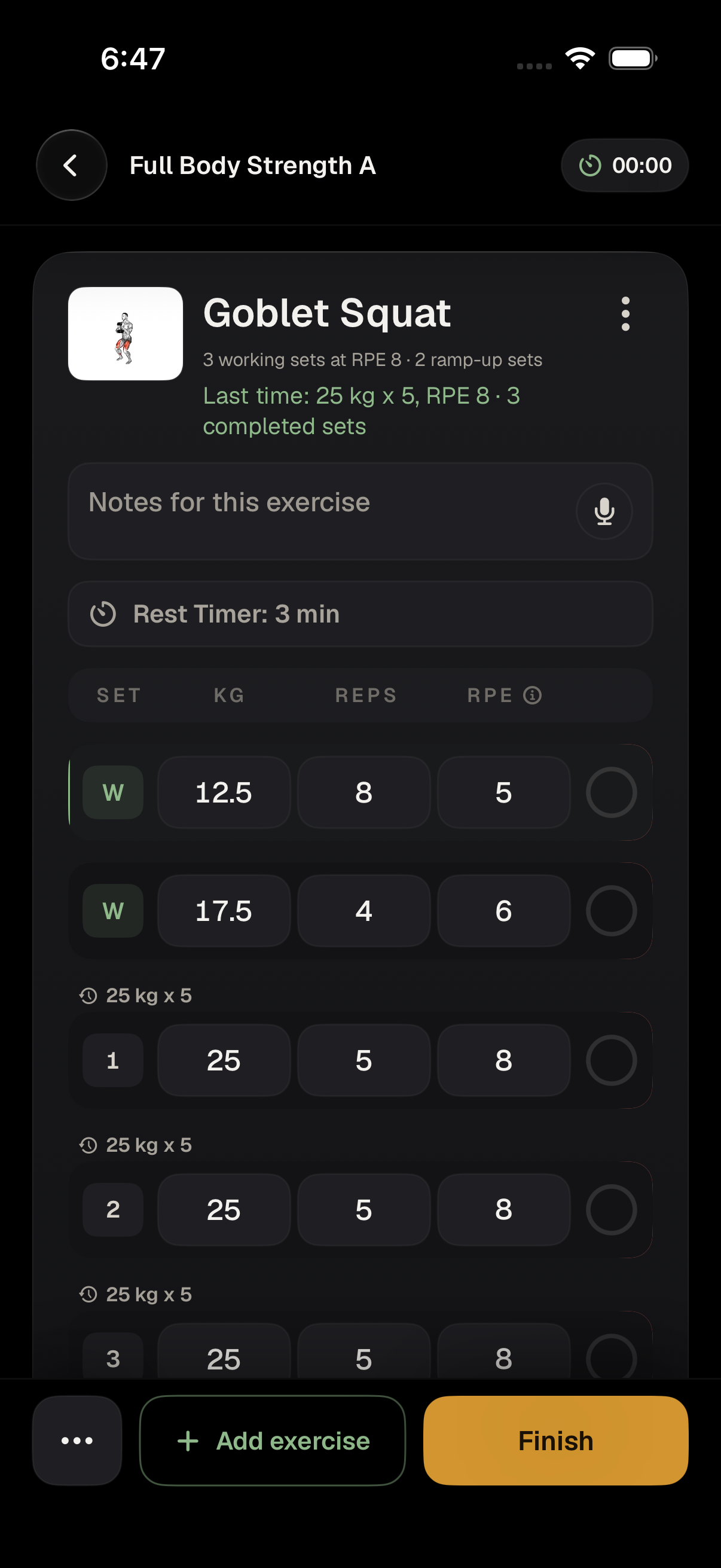 Lean workout logger showing reps, load, effort, form, and previous-set context.