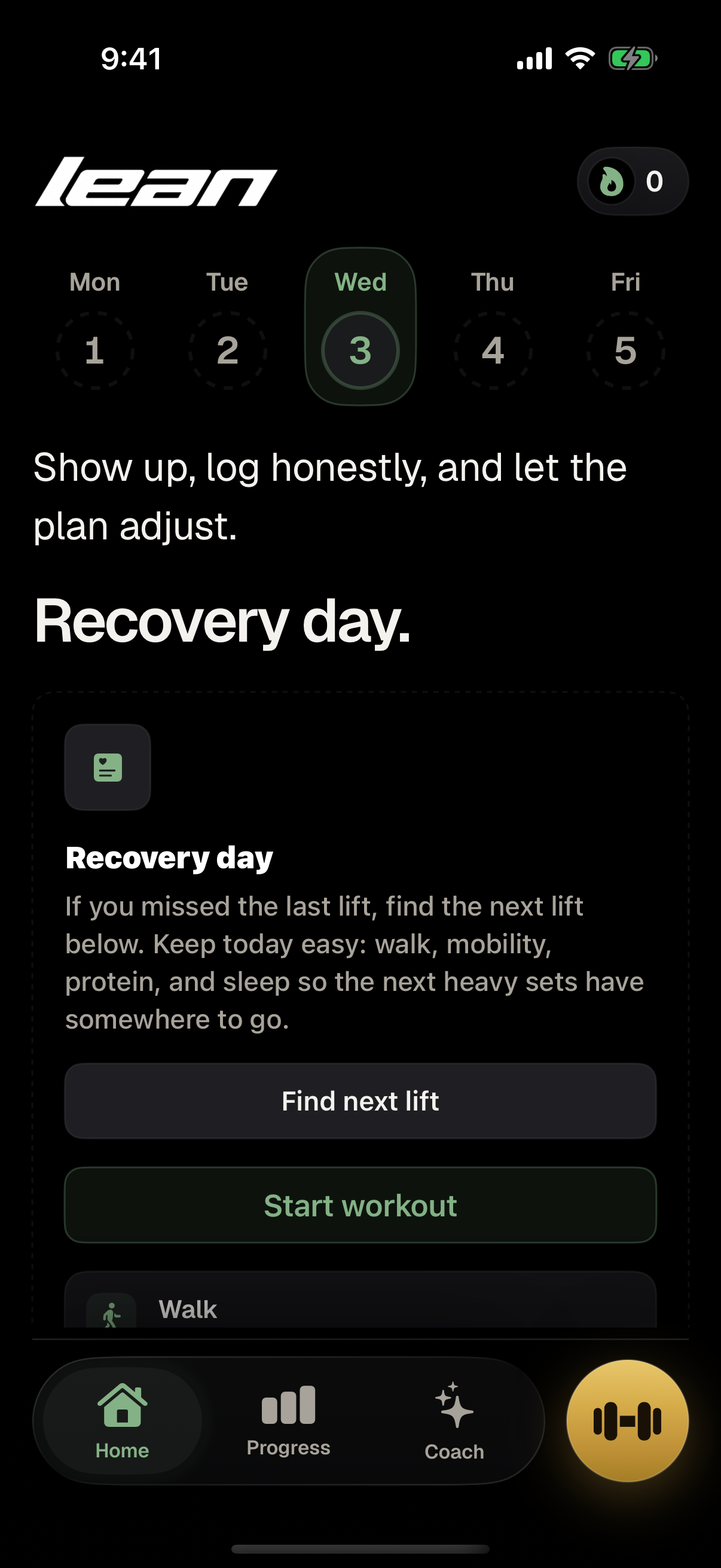 Lean native Home screen with the current week and Train action